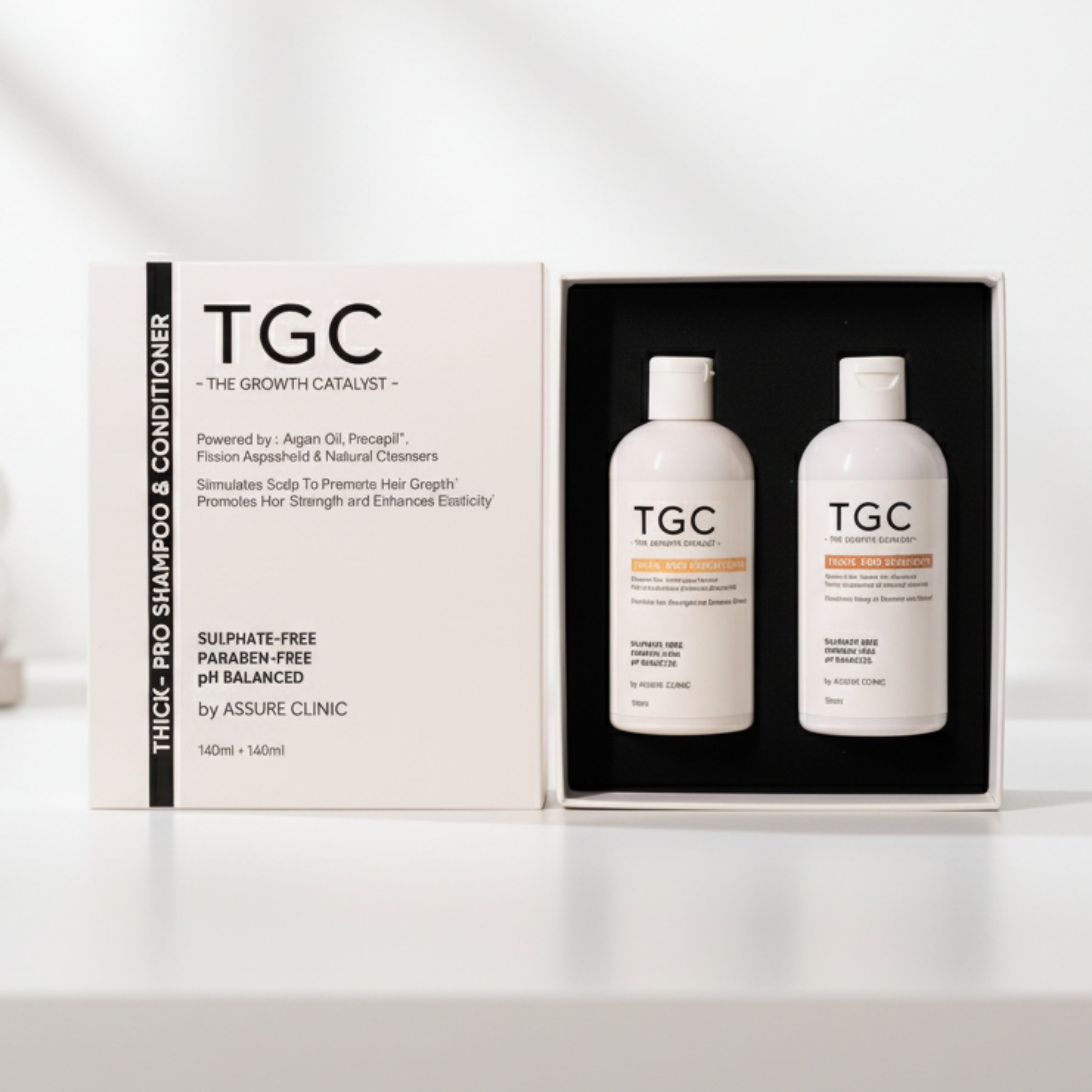 TGC The Growth Catalyst by Assure Clinic l Thick Pro Shampoo & Conditioner Set – Volumizing & Strengthening Hair Care | Sulphate & Paraben Free | Procapil, Argan Oil | 2x140ml