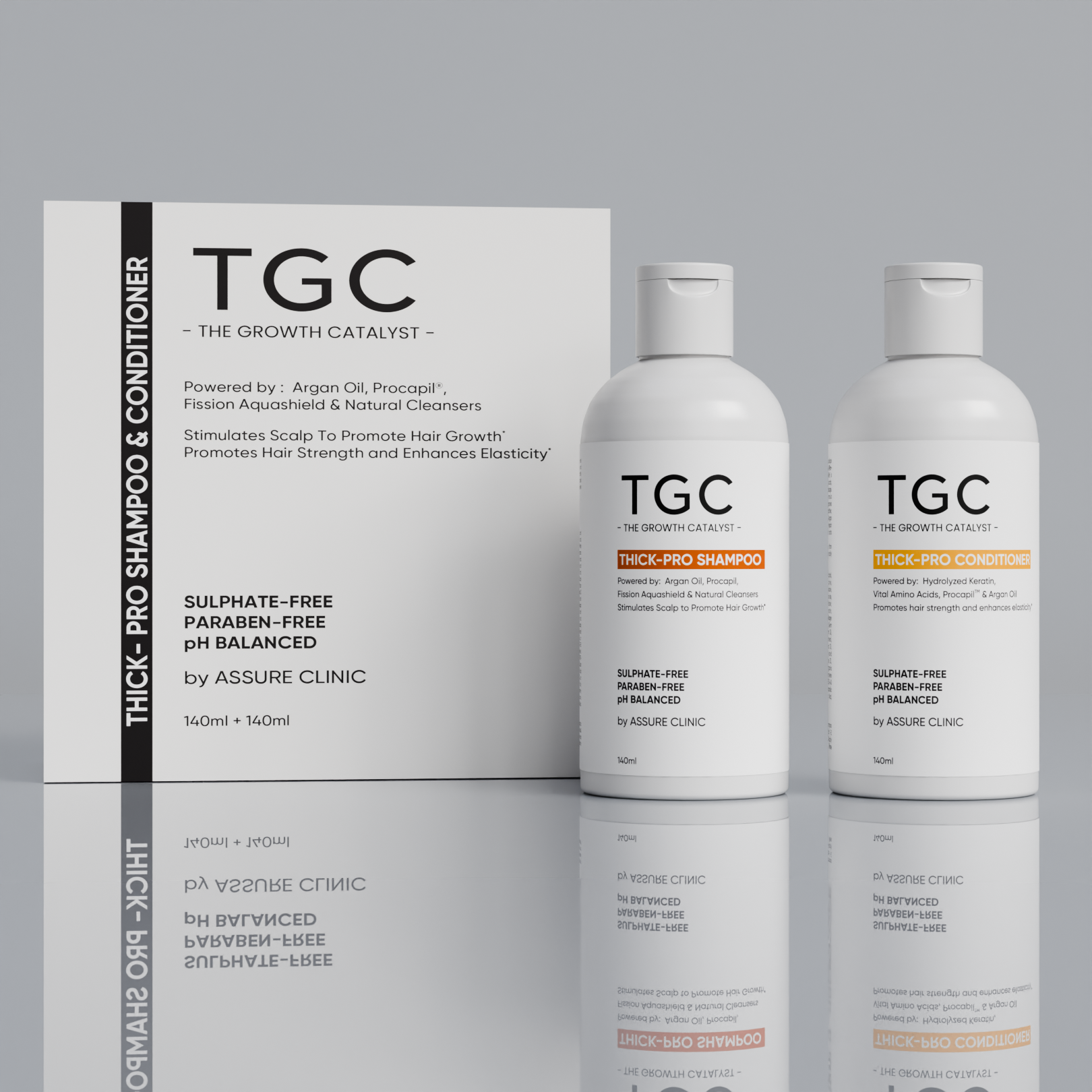 TGC The Growth Catalyst by Assure Clinic l Thick Pro Shampoo & Conditioner Set – Volumizing & Strengthening Hair Care | Sulphate & Paraben Free | Procapil, Argan Oil | 2x140ml