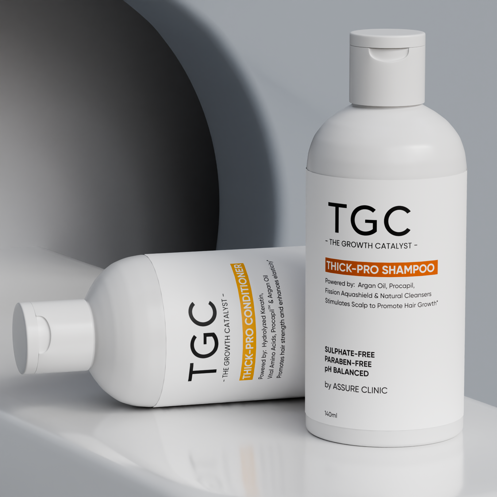 TGC The Growth Catalyst by Assure Clinic l Thick Pro Shampoo & Conditioner Set – Volumizing & Strengthening Hair Care | Sulphate & Paraben Free | Procapil, Argan Oil | 2x140ml