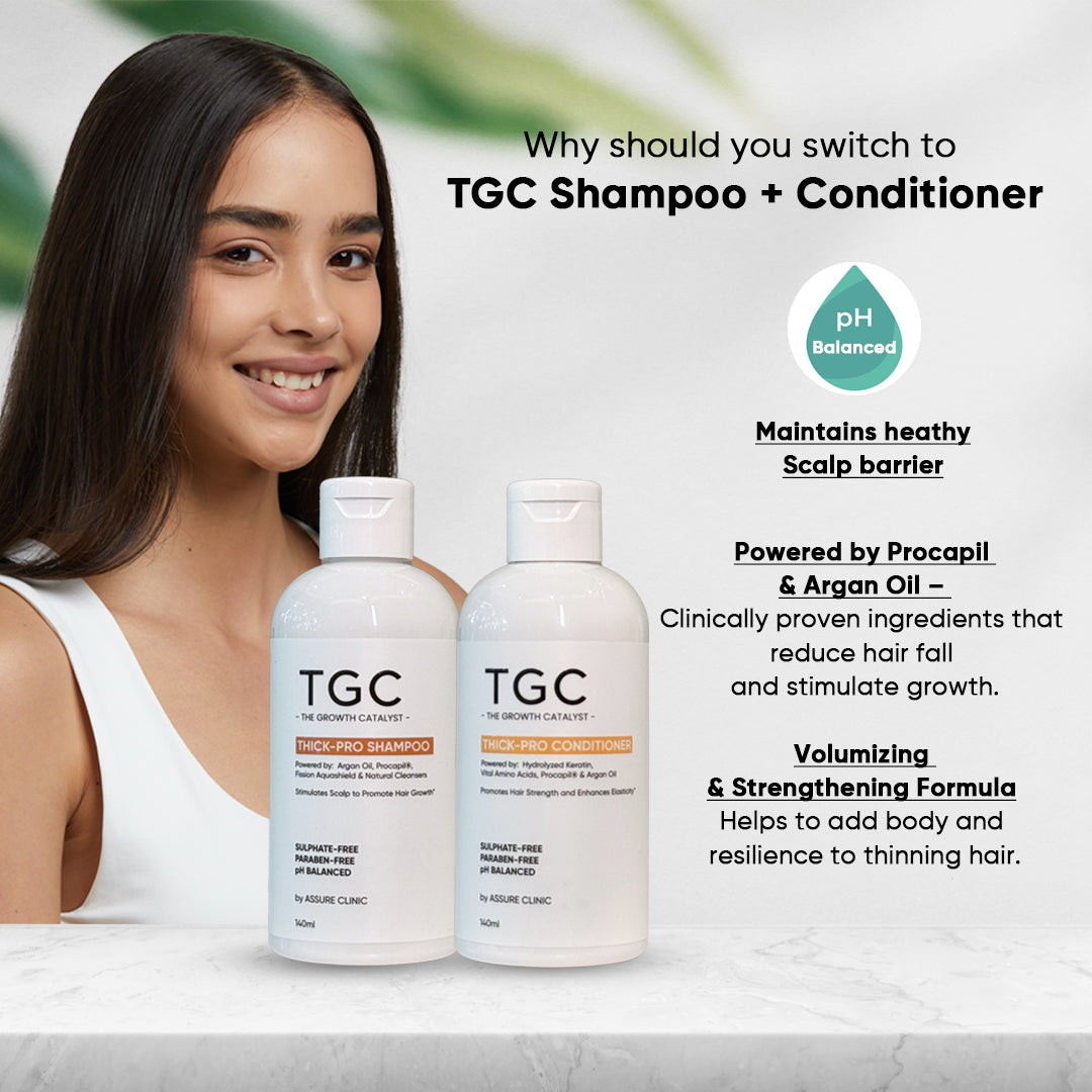 TGC The Growth Catalyst by Assure Clinic l Thick Pro Shampoo & Conditioner Set – Volumizing & Strengthening Hair Care | Sulphate & Paraben Free | Procapil, Argan Oil | 2x140ml
