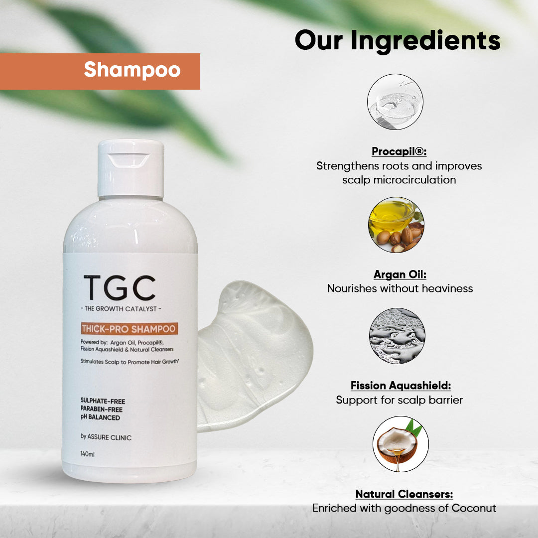 TGC The Growth Catalyst by Assure Clinic l Thick Pro Shampoo & Conditioner Set – Volumizing & Strengthening Hair Care | Sulphate & Paraben Free | Procapil, Argan Oil | 2x140ml